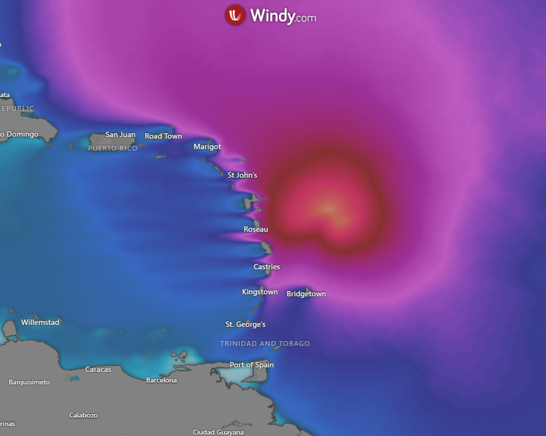 European model for peak wave heights through Sunday as a result of Tropical Storm Tammy as of 11:00 PM Thursday, October 19th, 2023 (Windy)