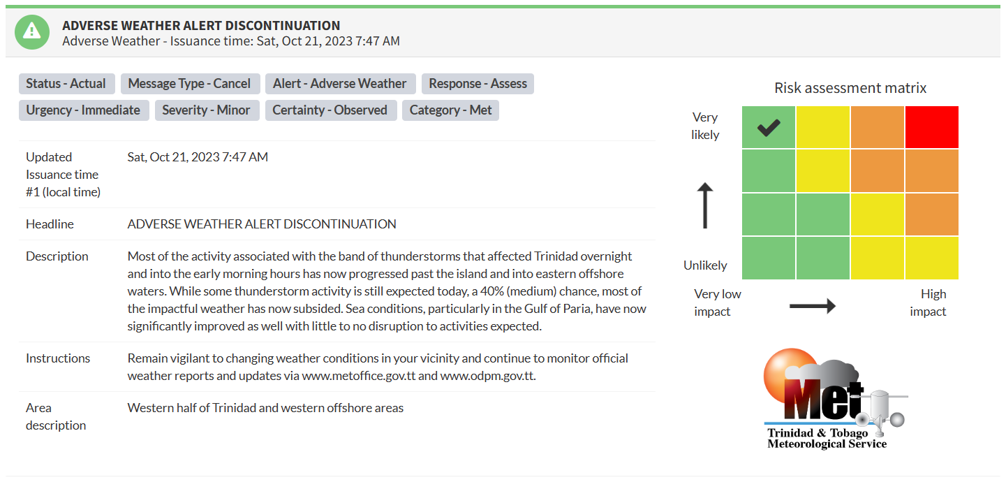 Adverse Weather Alert information from the Trinidad and Tobago Meteorological Service