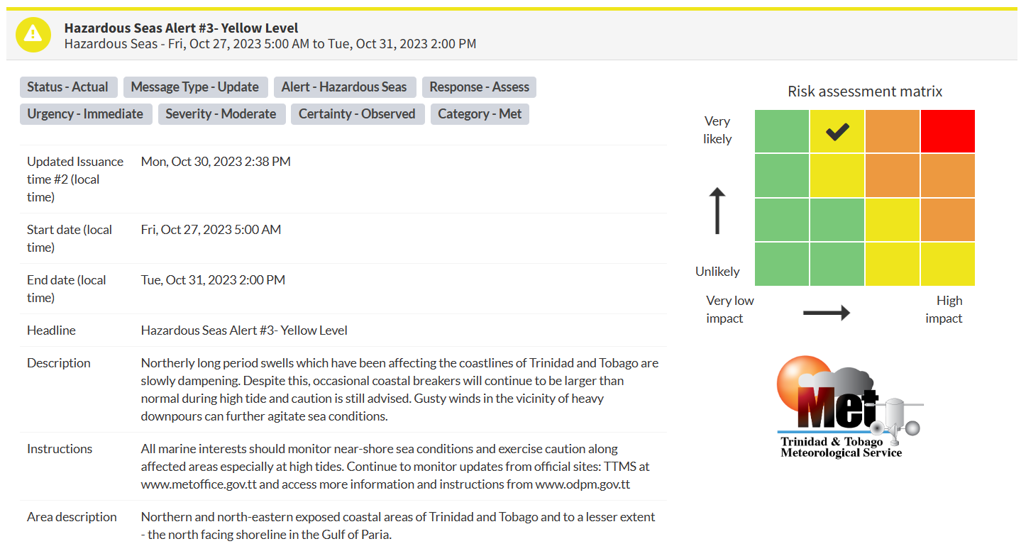 Hazardous Seas Alert information from the Trinidad and Tobago Meteorological Service