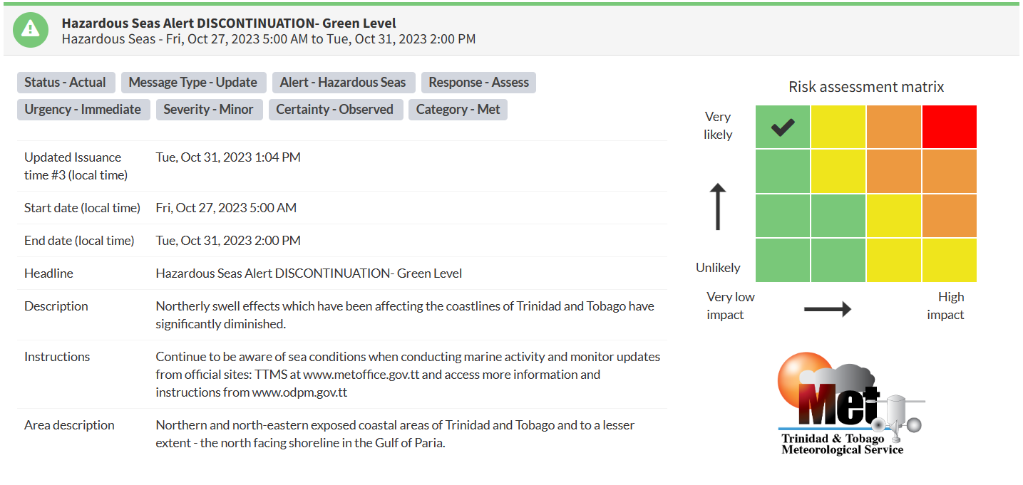 Hazardous Seas Alert information from the Trinidad and Tobago Meteorological Service
