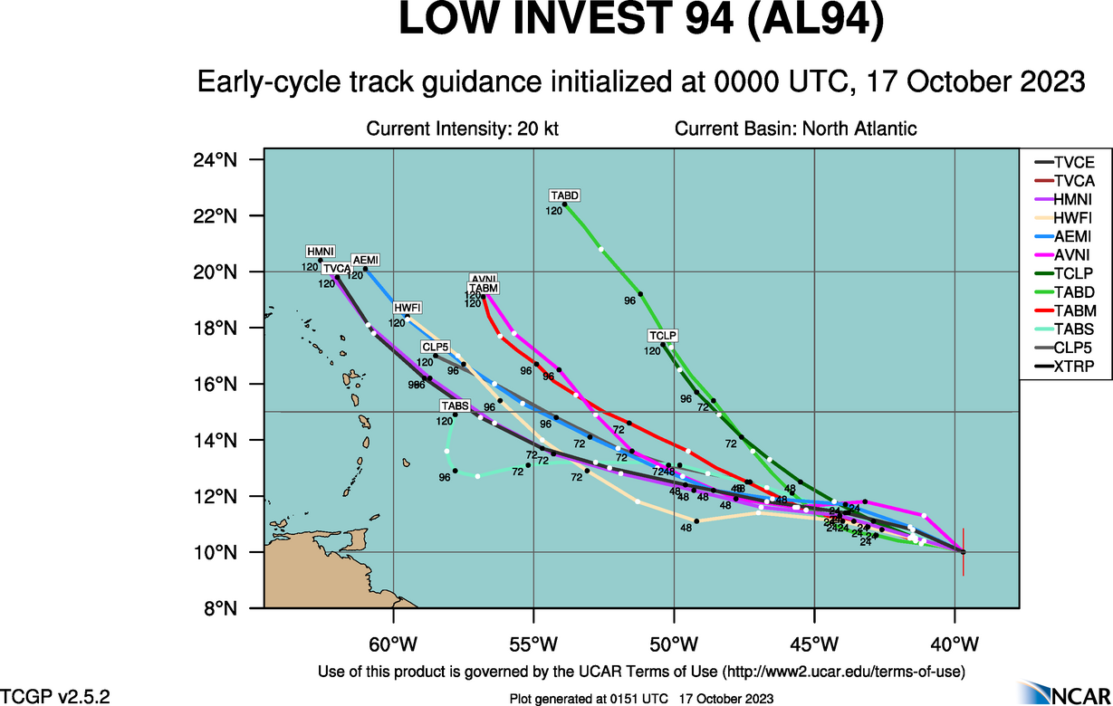 Forecast tracks from top models for Invest 94L as of 00Z Tuesday, October 17th, 2023 (NCAR)
