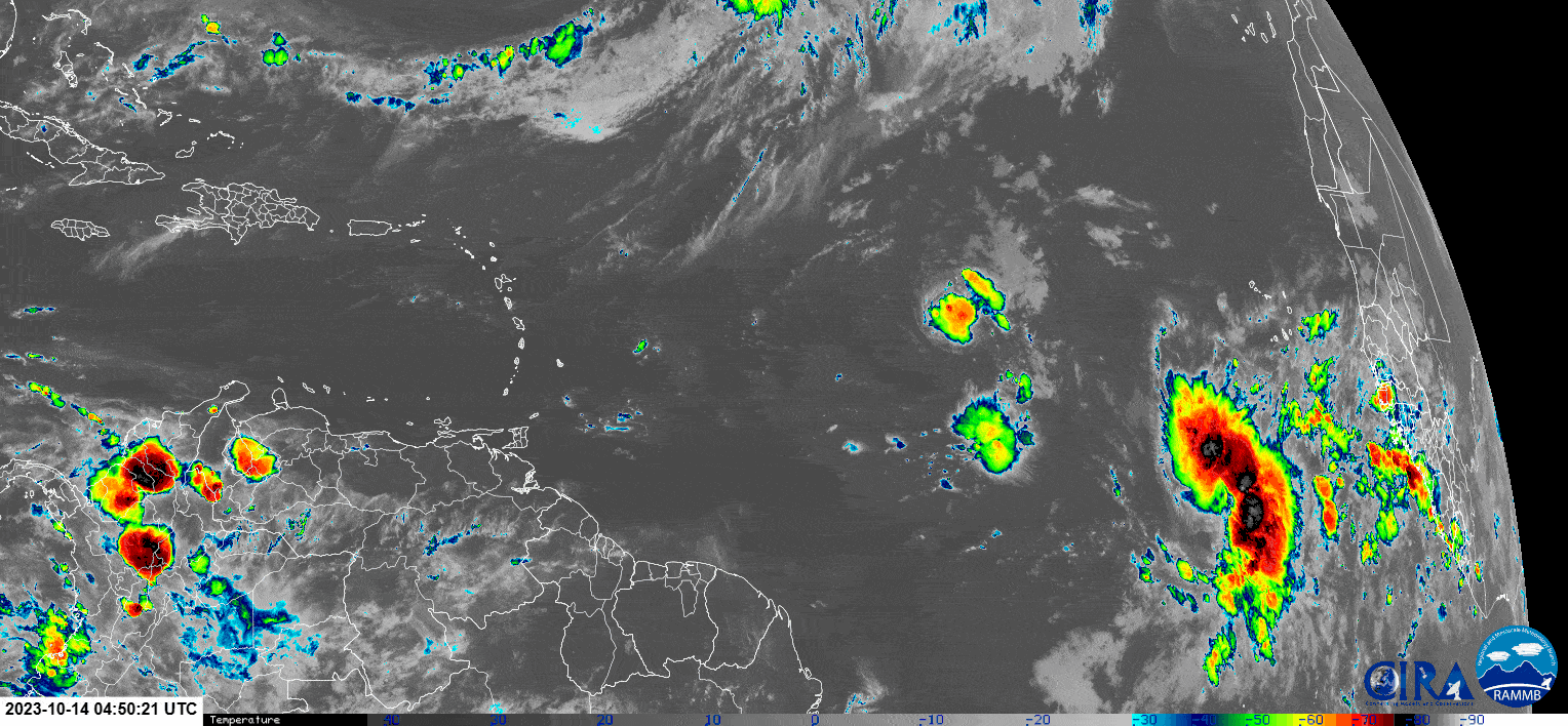 View of the Tropical Atlantic Ocean between 12 AM October 15th and 7 PM October 16th, showing the demise of Tropical Storm Sean (cluster of conversation east of the Leewards) and the large, active Tropical Wave 52/53/Invest 94L in the central Main Development Region of the Atlantic. (CIRA/RAMMB)