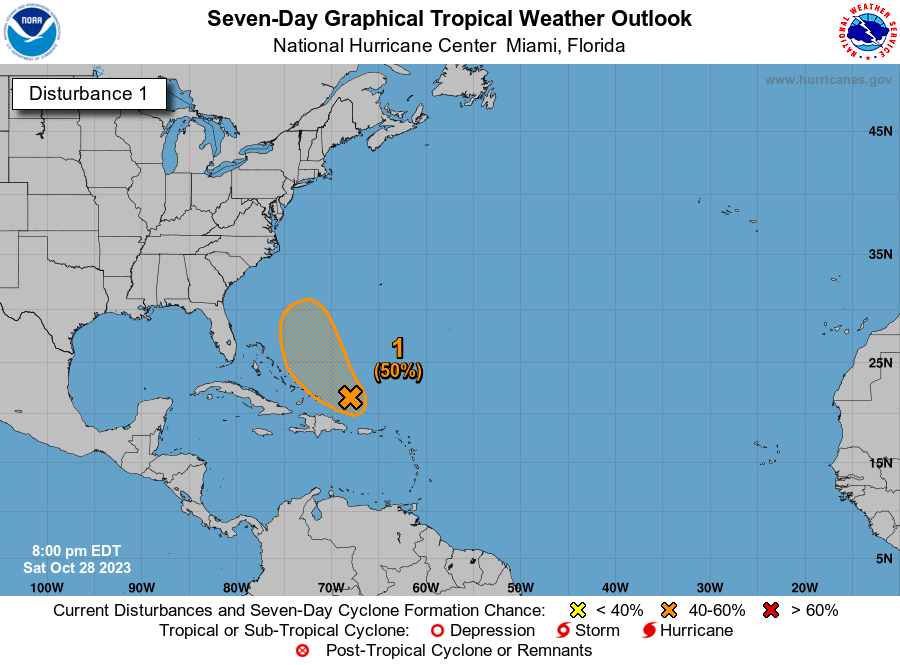 The National Hurricane Center's Tropical Weather Outlook for Invest 96L located north of the Greater Antilles as of 8:00 PM Saturday, October 28th, 2023.