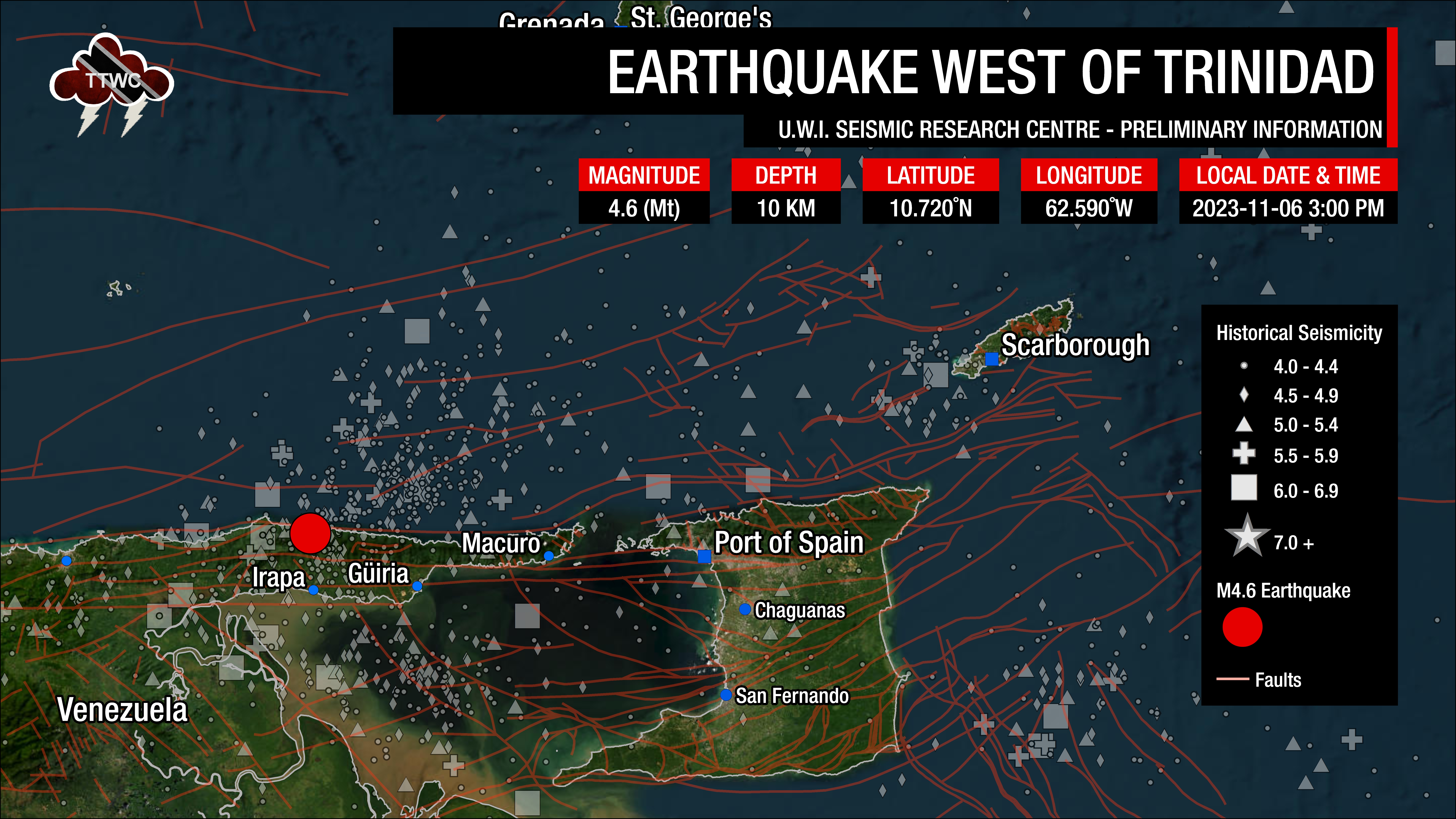 Information from the UWI SRC concerning the earthquake west of Trinidad.