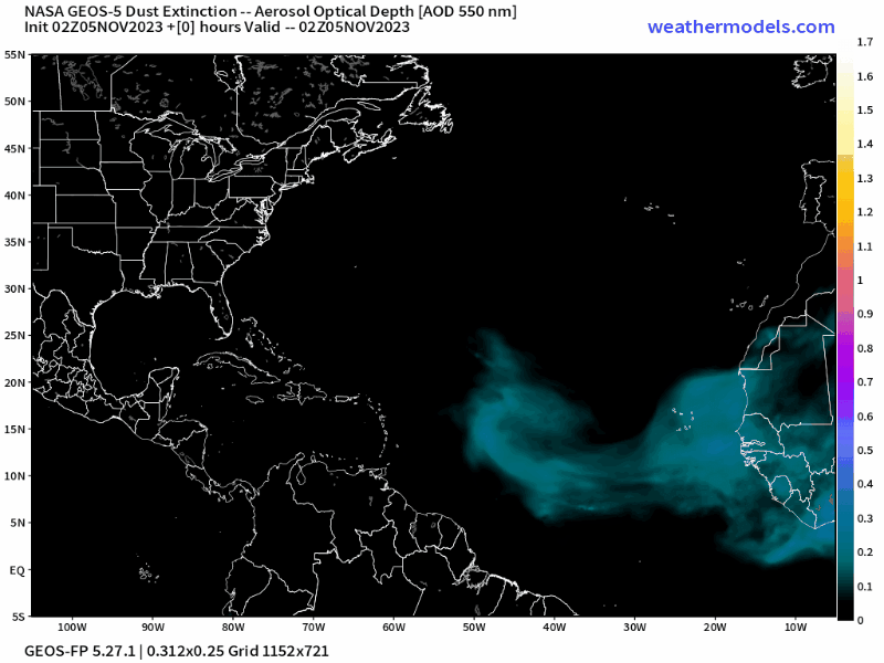 00Z Sunday, November 6th, 2023, NASA GEOS-5 Dust Extinction Monitoring Tropical Atlantic Dust Aerosol Optical Depth showing Saharan Dust.