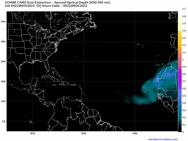 00Z Friday, November 10th, 2023, ECMWF CAMS Dust Extinction Monitoring Tropical Atlantic Dust Aerosol Optical Depth showing Saharan Dust.