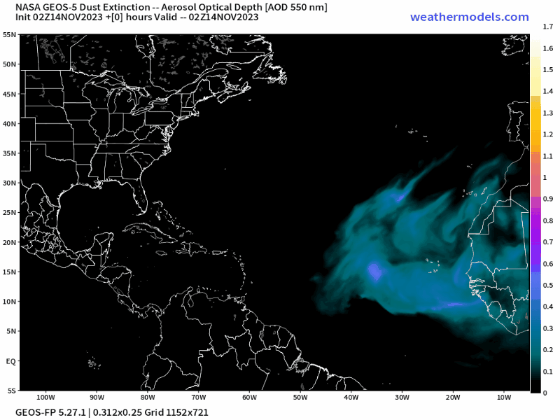 00Z Tuesday, November 14th, 2023, NASA GEOS-5 Dust Extinction Monitoring Tropical Atlantic Dust Aerosol Optical Depth showing Saharan Dust.