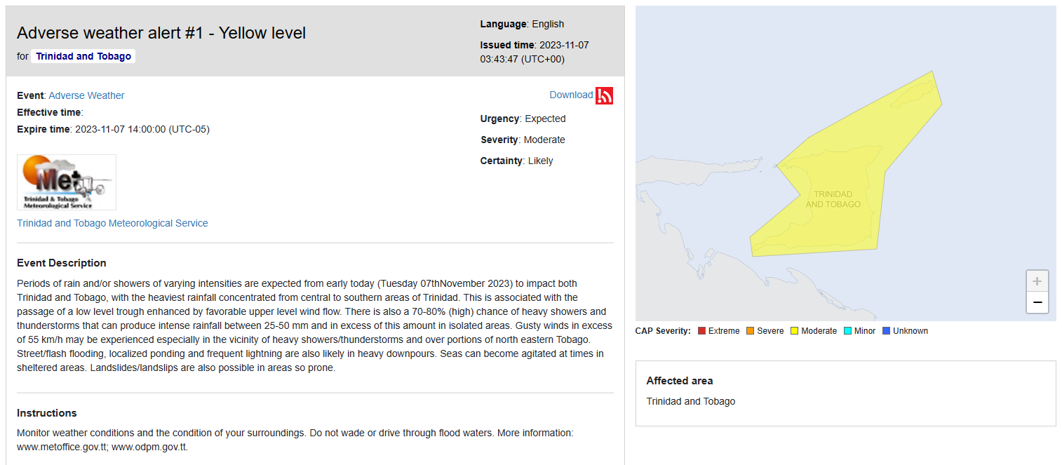 Adverse Weather Alert information from the Trinidad and Tobago Meteorological Service via the World Meteorological Organization