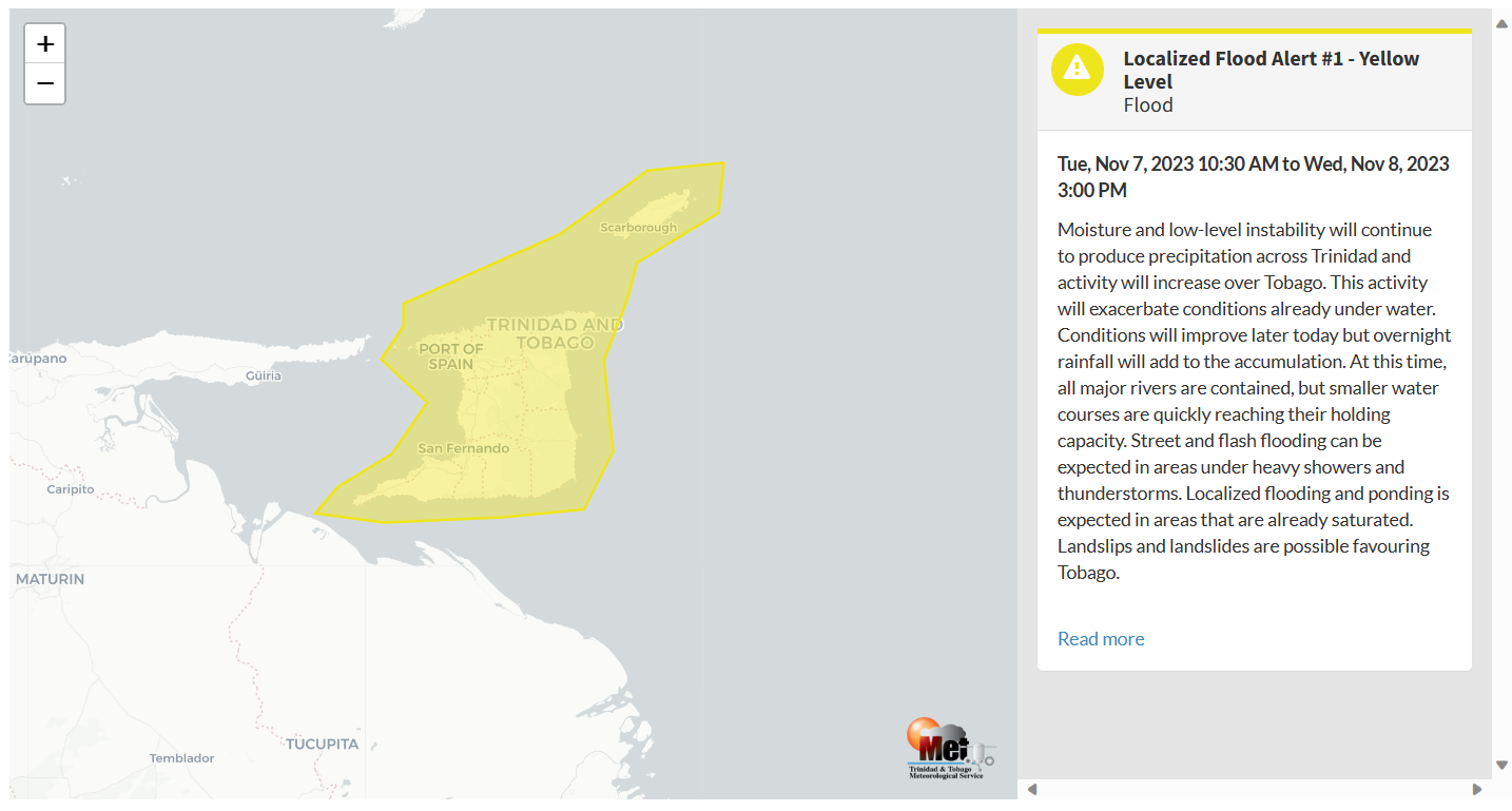 Localized Flood Alert information from the Trinidad and Tobago Meteorological Service