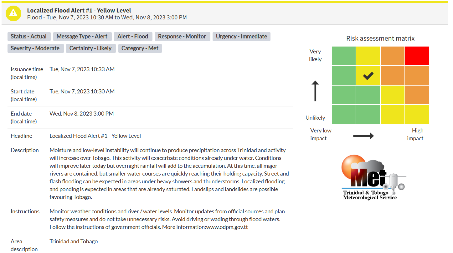 Localized Flood Alert information from the Trinidad and Tobago Meteorological Service