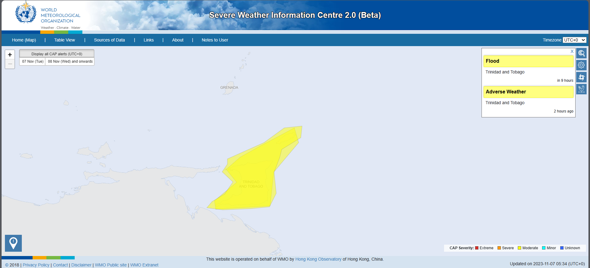 The erroneously issued Adverse Weather Alert (not in effect), next to the Localized Flood Alert (in effect), is still visible on the WMO Severe Weather Information Centre's website as of 11:30 AM Tuesday, November 6th, 2023.