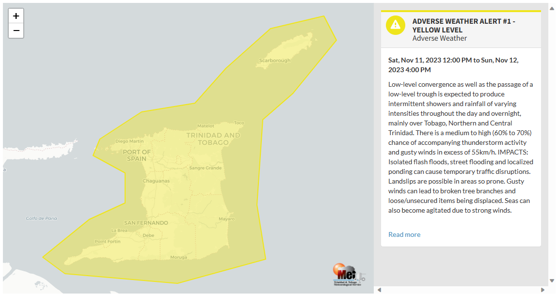 Adverse Weather Alert information from the Trinidad and Tobago Meteorological Service