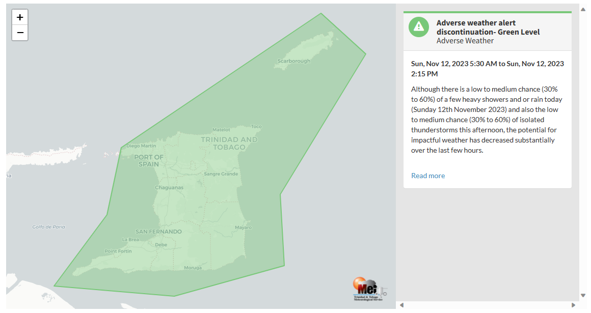 Adverse Weather Alert information from the Trinidad and Tobago Meteorological Service