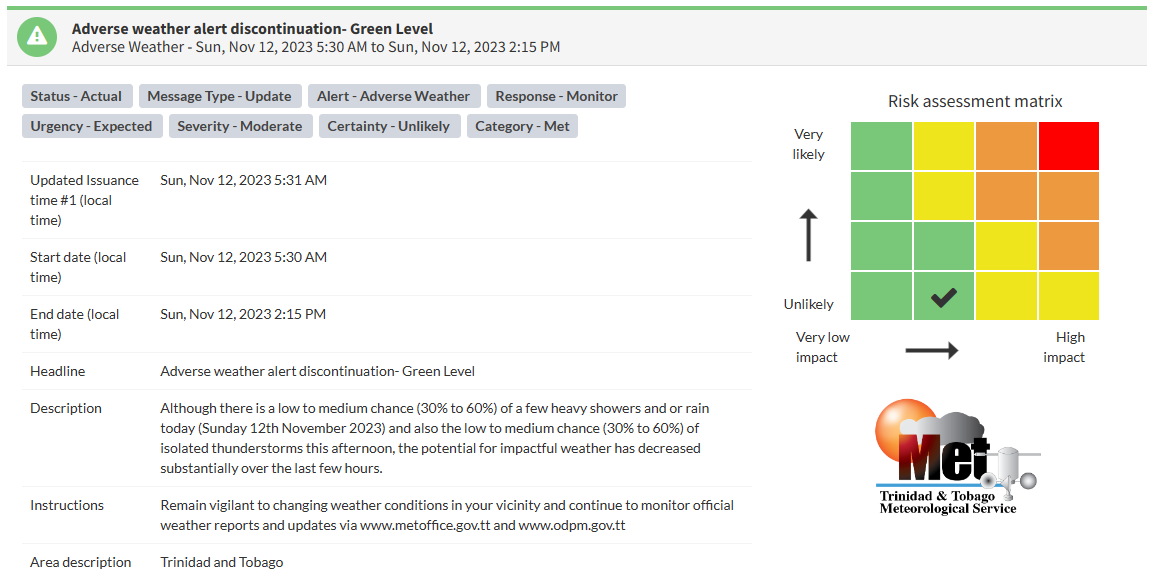 Adverse Weather Alert information from the Trinidad and Tobago Meteorological Service