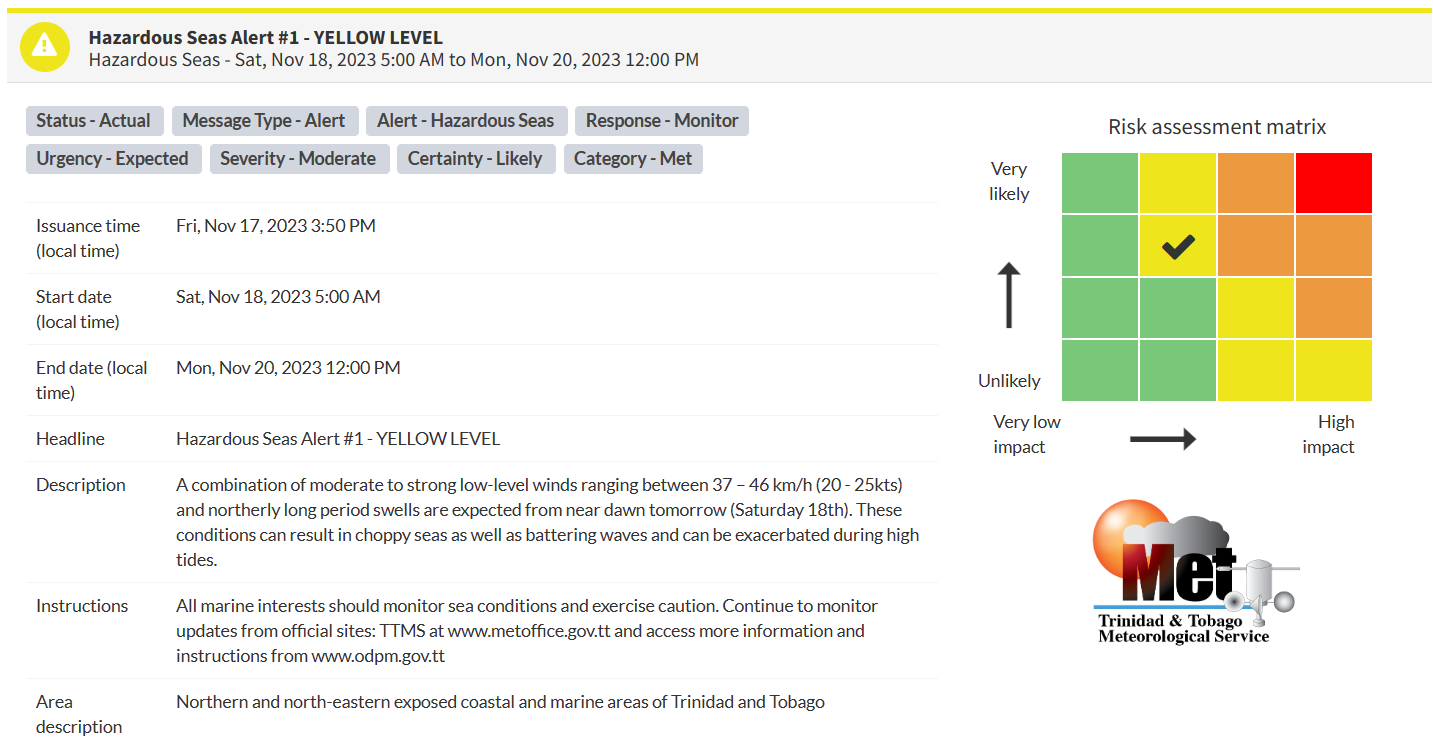 Hazardous Seas Alert information from the Trinidad and Tobago Meteorological Service