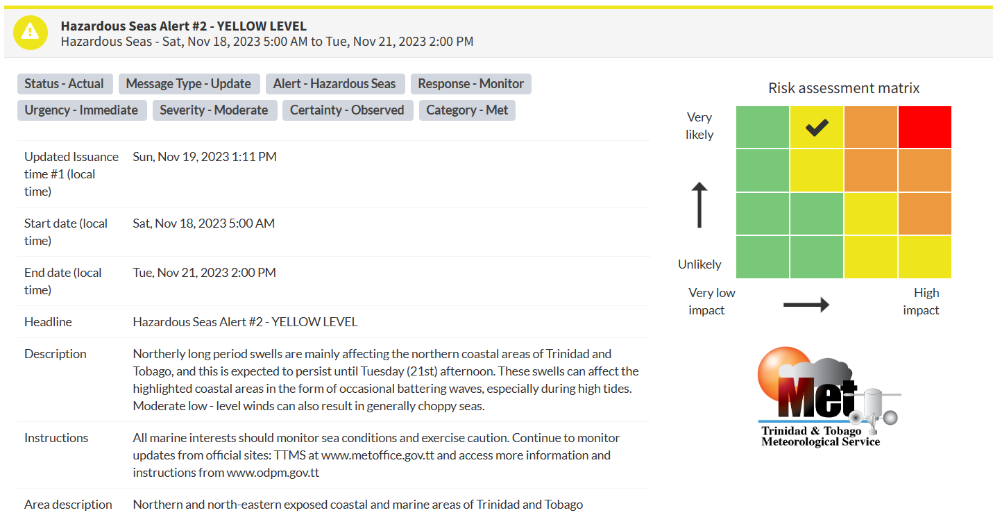 Hazardous Seas Alert information from the Trinidad and Tobago Meteorological Service