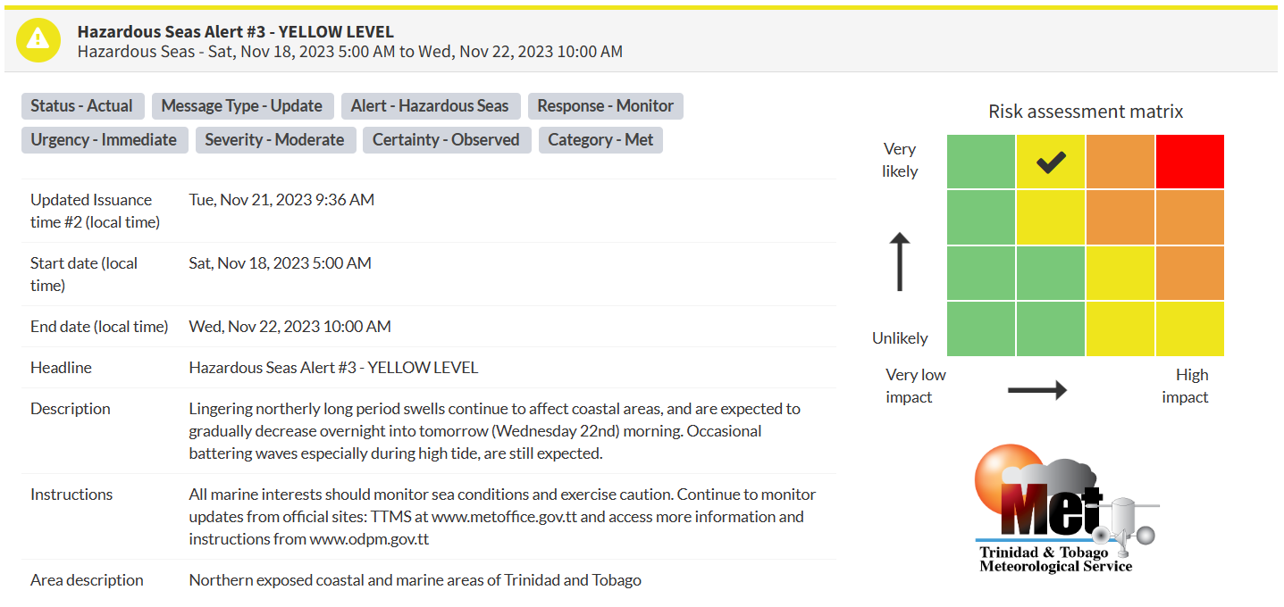 Hazardous Seas Alert information from the Trinidad and Tobago Meteorological Service