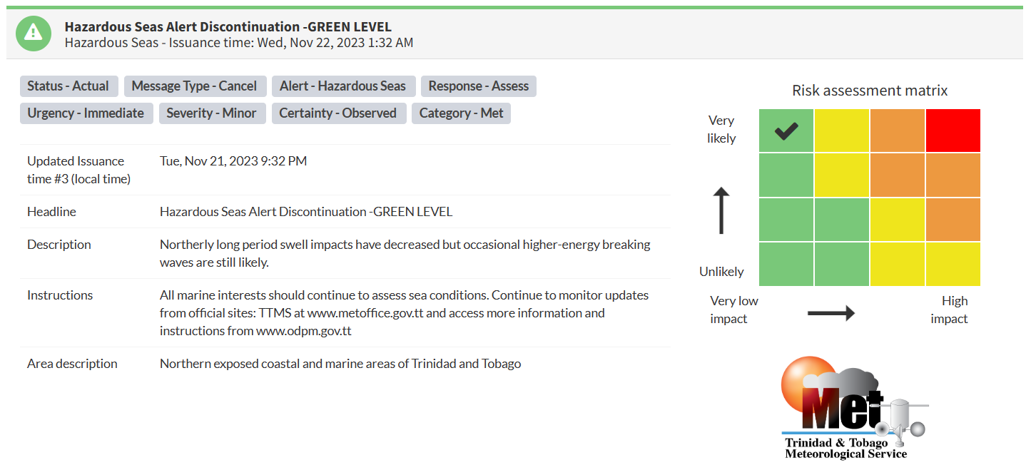 Hazardous Seas Alert information from the Trinidad and Tobago Meteorological Service