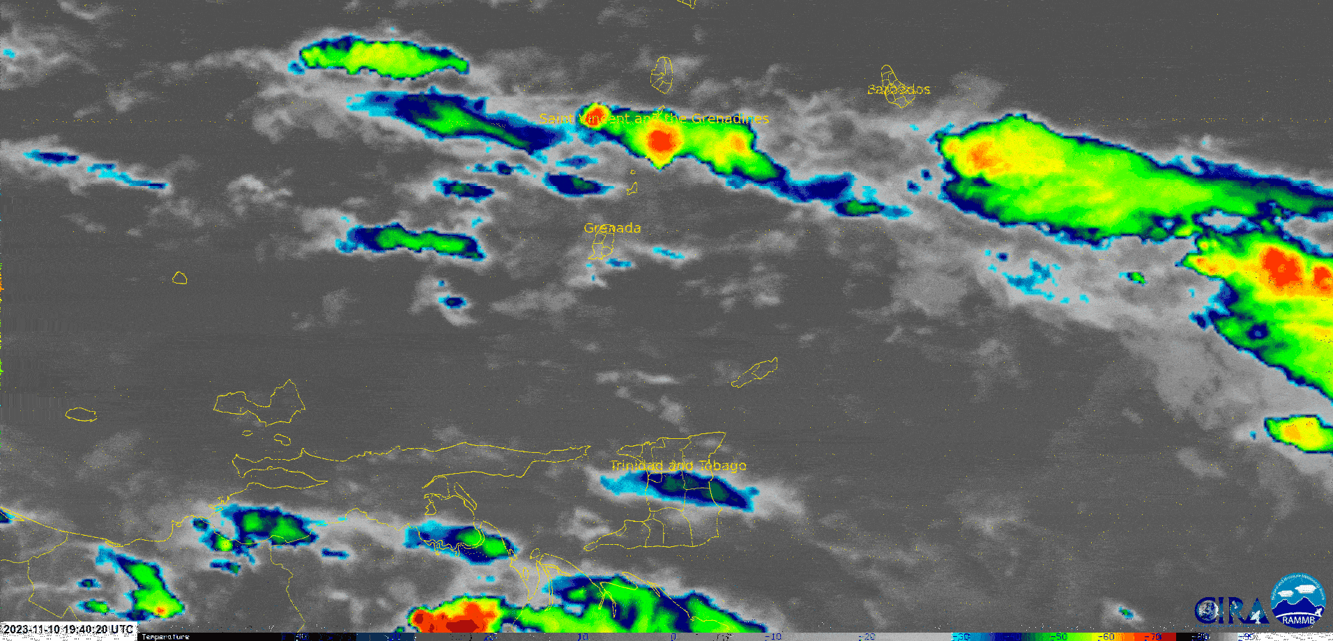 Convection mainly north of Trinidad and Tobago over the last 20 hours produced locally intense rainfall across the Windward Islands (RAMMB/CIRA)