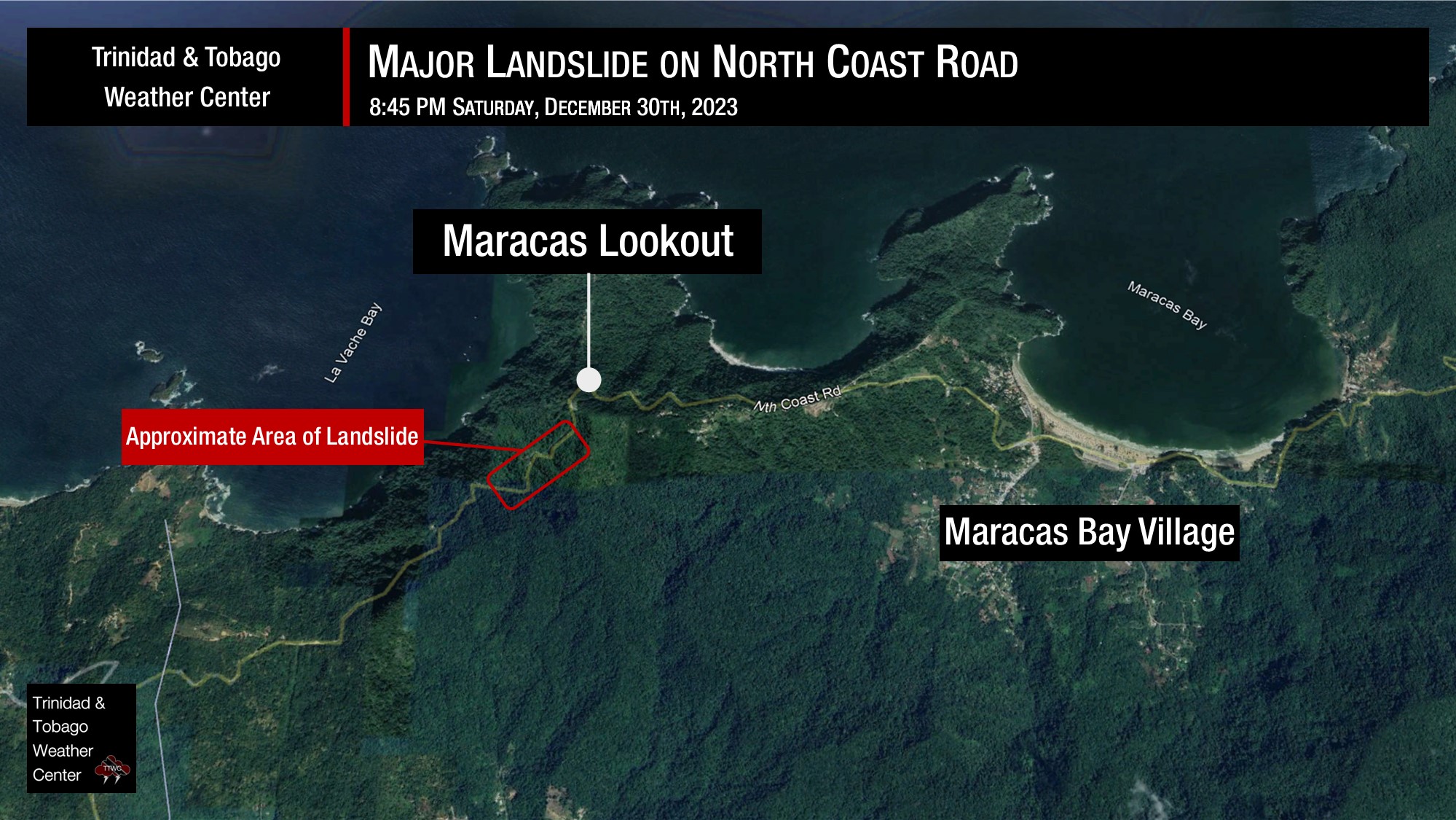 The approximate location of the North Coast Road landslide with the roadway impassable as of 8:45 PM Saturday, December 30th, 2023.
