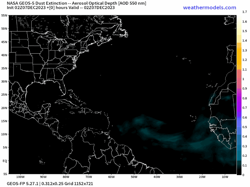 00Z Thursday, December 7th, 2023, NASA GEOS-5 Dust Extinction Monitoring Tropical Atlantic Dust Aerosol Optical Depth showing Saharan Dust.