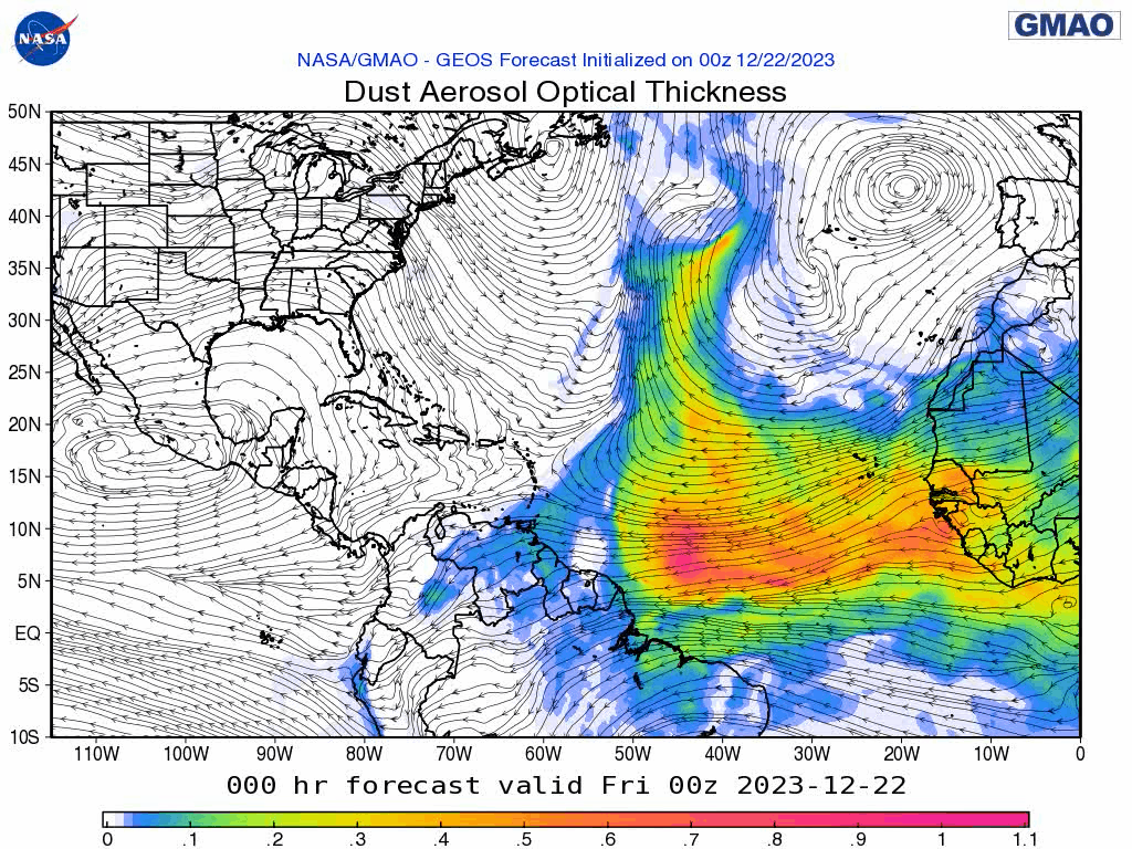 00Z Friday, December 22nd, 2023, NASA GEOS-5 Dust Extinction Monitoring Tropical Atlantic Dust Aerosol Optical Depth showing Saharan Dust.