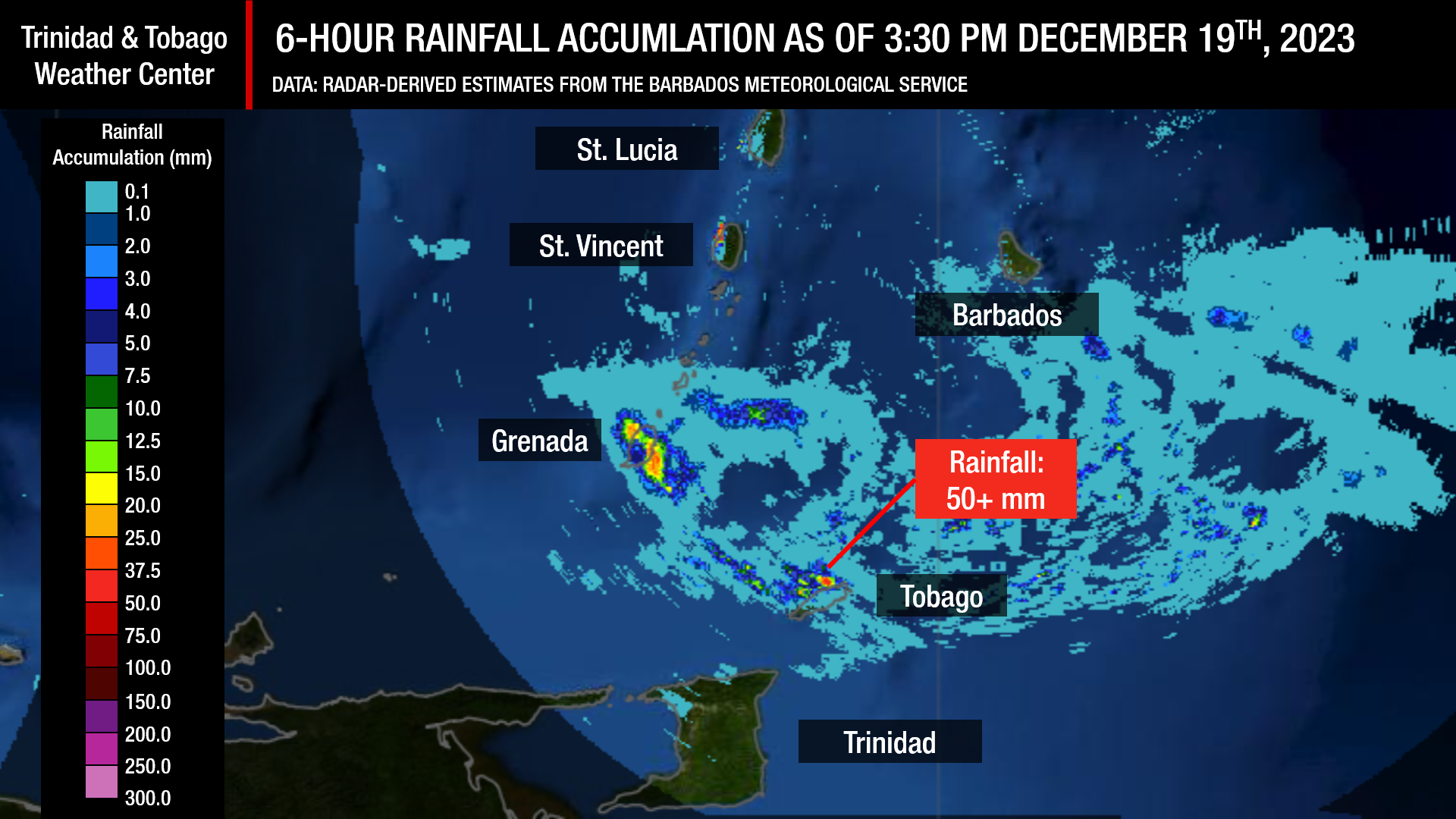 Rainfall accumulations between 9:30 AM and 3:30 PM Tuesday, December 19th, 2023 showing an area of high rainfall accumulations near northeastern Tobago, in the vicinity of Charlotteville.