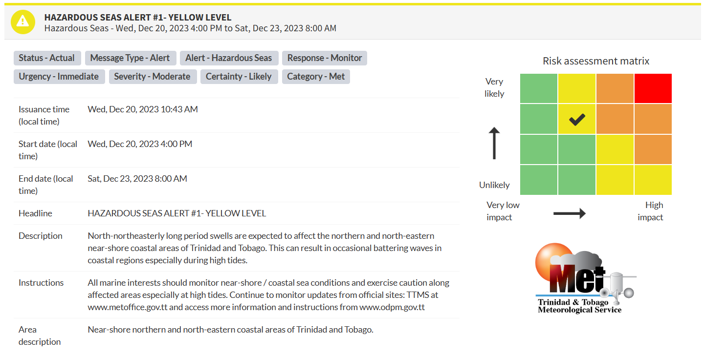 Hazardous Seas Alert information from the Trinidad and Tobago Meteorological Service