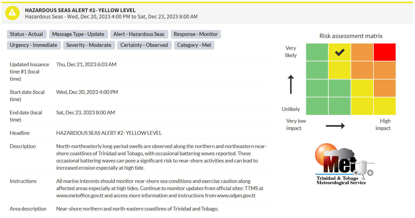 Hazardous Seas Alert information from the Trinidad and Tobago Meteorological Service