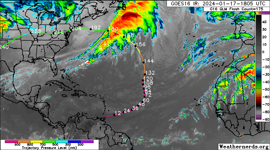Back-trajectory of the air currently at low levels of the atmosphere across Trinidad and Tobago (Weathernerds)