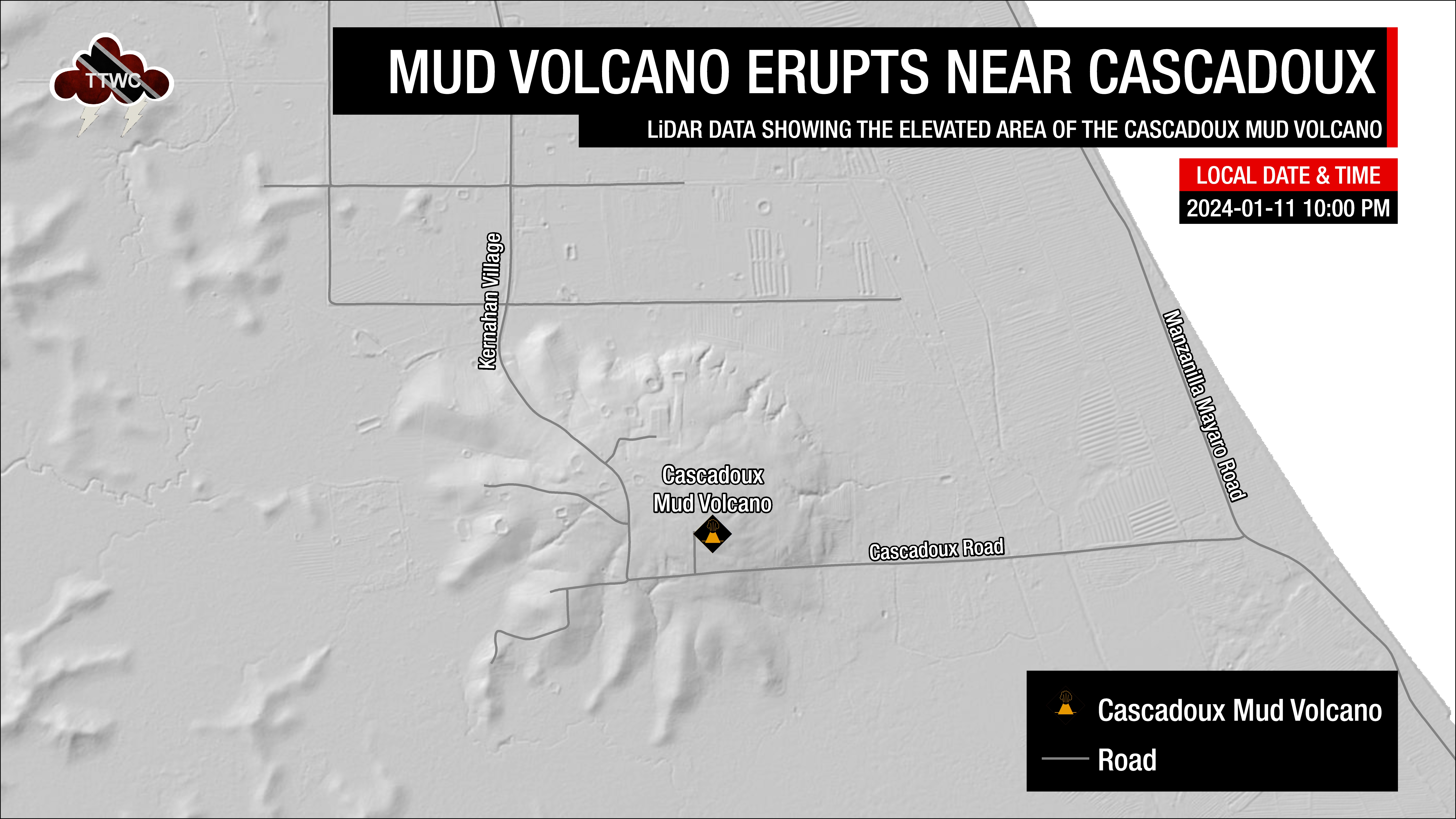 Location of the larger hill formed by the Cascadoux Mud Volcano over the years, as seen by LiDAR imagery
