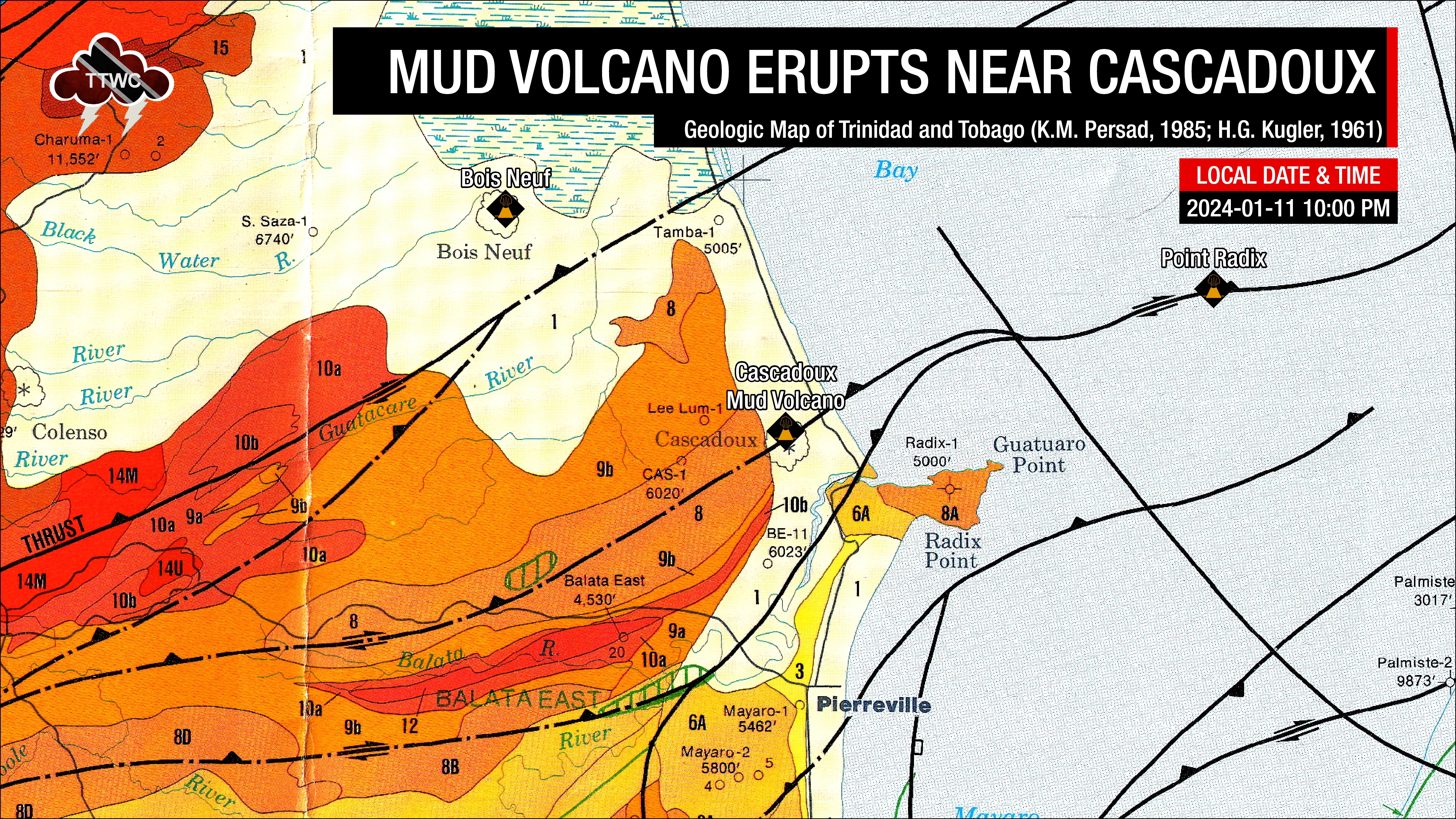 Geologic map near the Cascadoux Mud Volcano based on the K.M. Persad, 1985 interpretation.