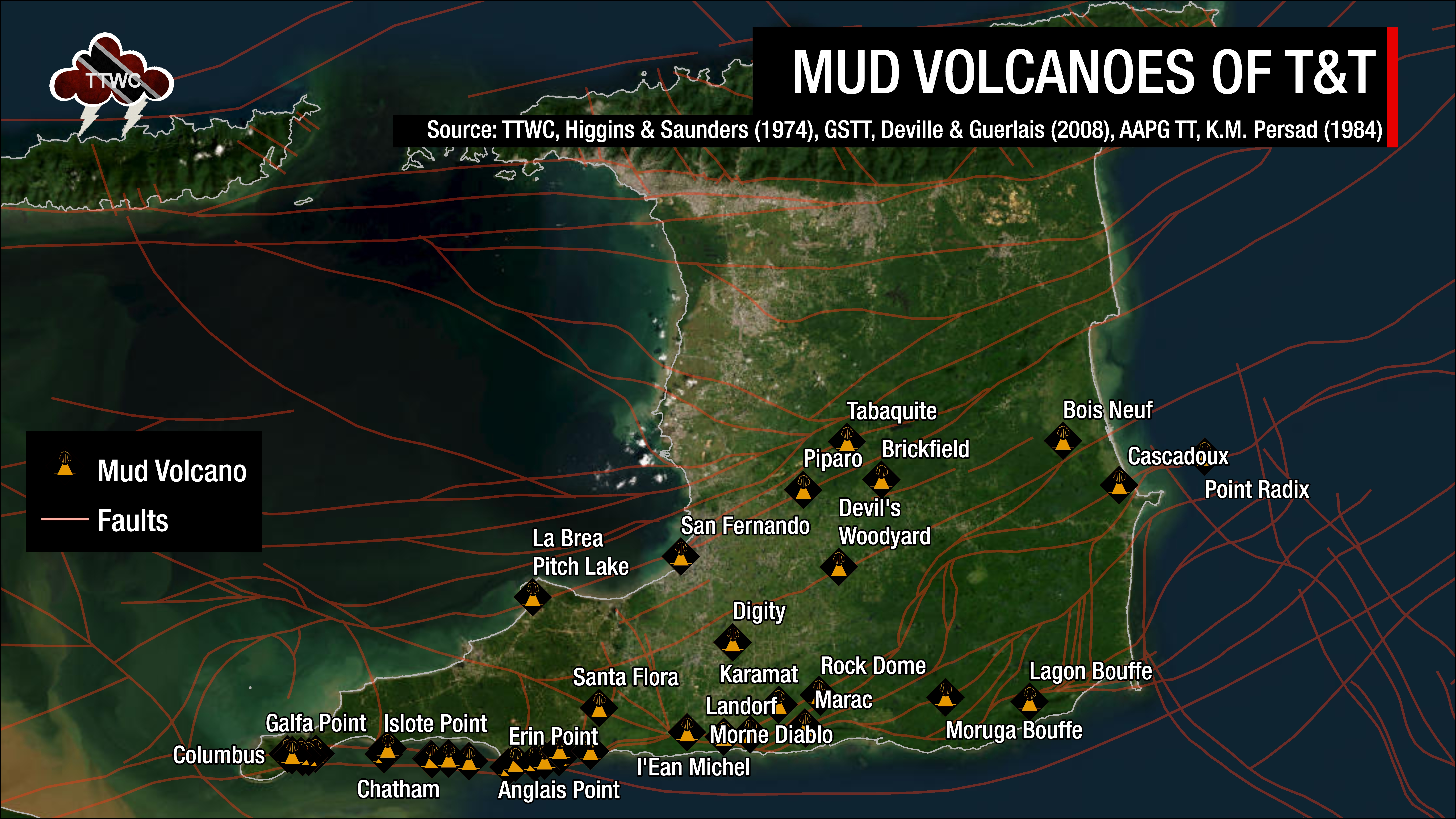 Locations of the 60 known mud volcanoes across Trinidad as of January 2024. Many of these volcanoes lie dormant and have multiple cones. Locations are chosen based on the main area where mud erupts from the area.