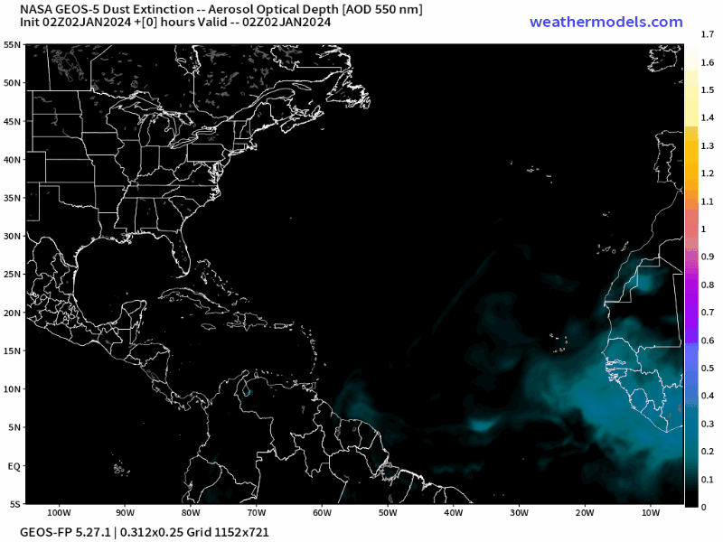 00Z Tuesday, January 2nd, 2024, NASA GEOS-5 Dust Extinction Monitoring Tropical Atlantic Dust Aerosol Optical Depth showing Saharan Dust.