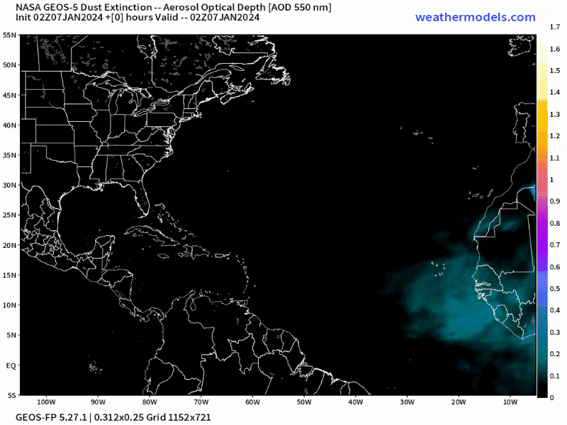 00Z Sunday, January 7th, 2024, NASA GEOS-5 Dust Extinction Monitoring Tropical Atlantic Dust Aerosol Optical Depth showing Saharan Dust.