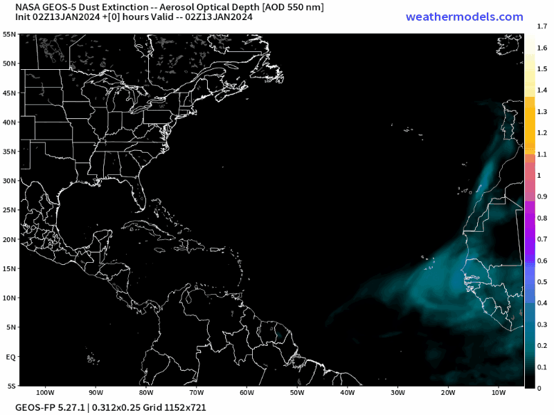 00Z Saturday, January 13th, 2024, NASA GEOS-5 Dust Extinction Monitoring Tropical Atlantic Dust Aerosol Optical Depth showing Saharan Dust.