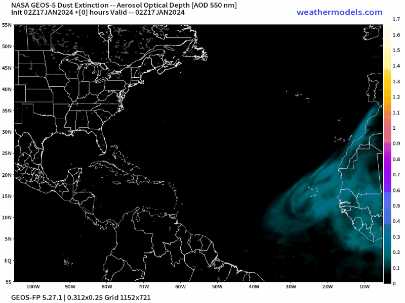 00Z Wednesday, January 17th, 2024, NASA GEOS-5 Dust Extinction Monitoring Tropical Atlantic Dust Aerosol Optical Depth showing Saharan Dust.