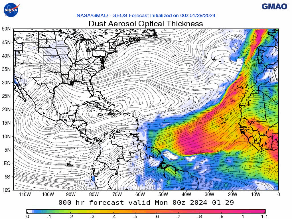 00Z Monday, January 29th 2024, NASA GEOS-5 Dust Extinction Monitoring Tropical Atlantic Dust Aerosol Optical Depth showing Saharan Dust.