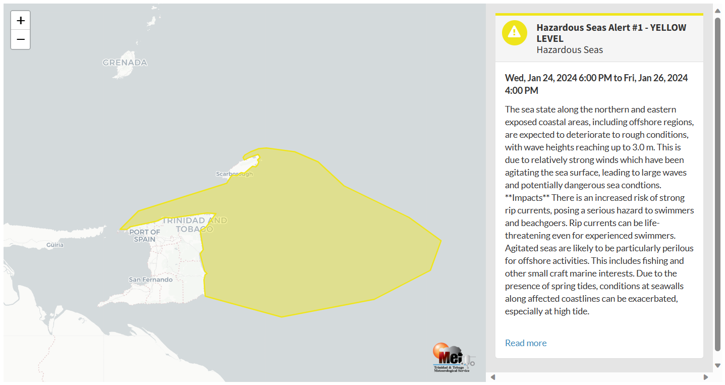 Hazardous Seas Alert information from the Trinidad and Tobago Meteorological Service