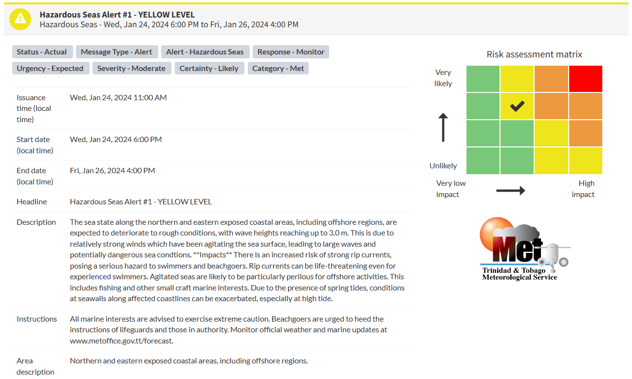 Hazardous Seas Alert information from the Trinidad and Tobago Meteorological Service