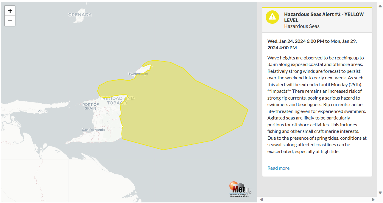 Hazardous Seas Alert information from the Trinidad and Tobago Meteorological Service