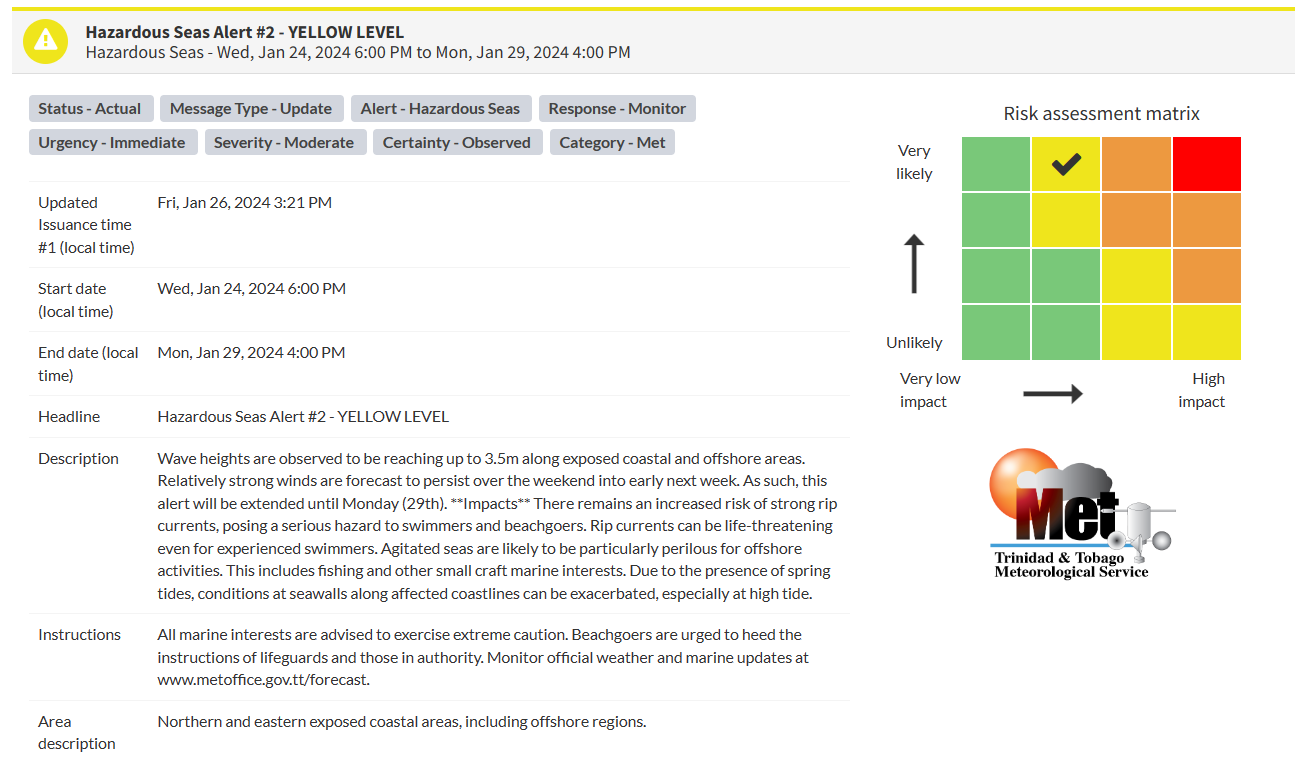 Hazardous Seas Alert information from the Trinidad and Tobago Meteorological Service