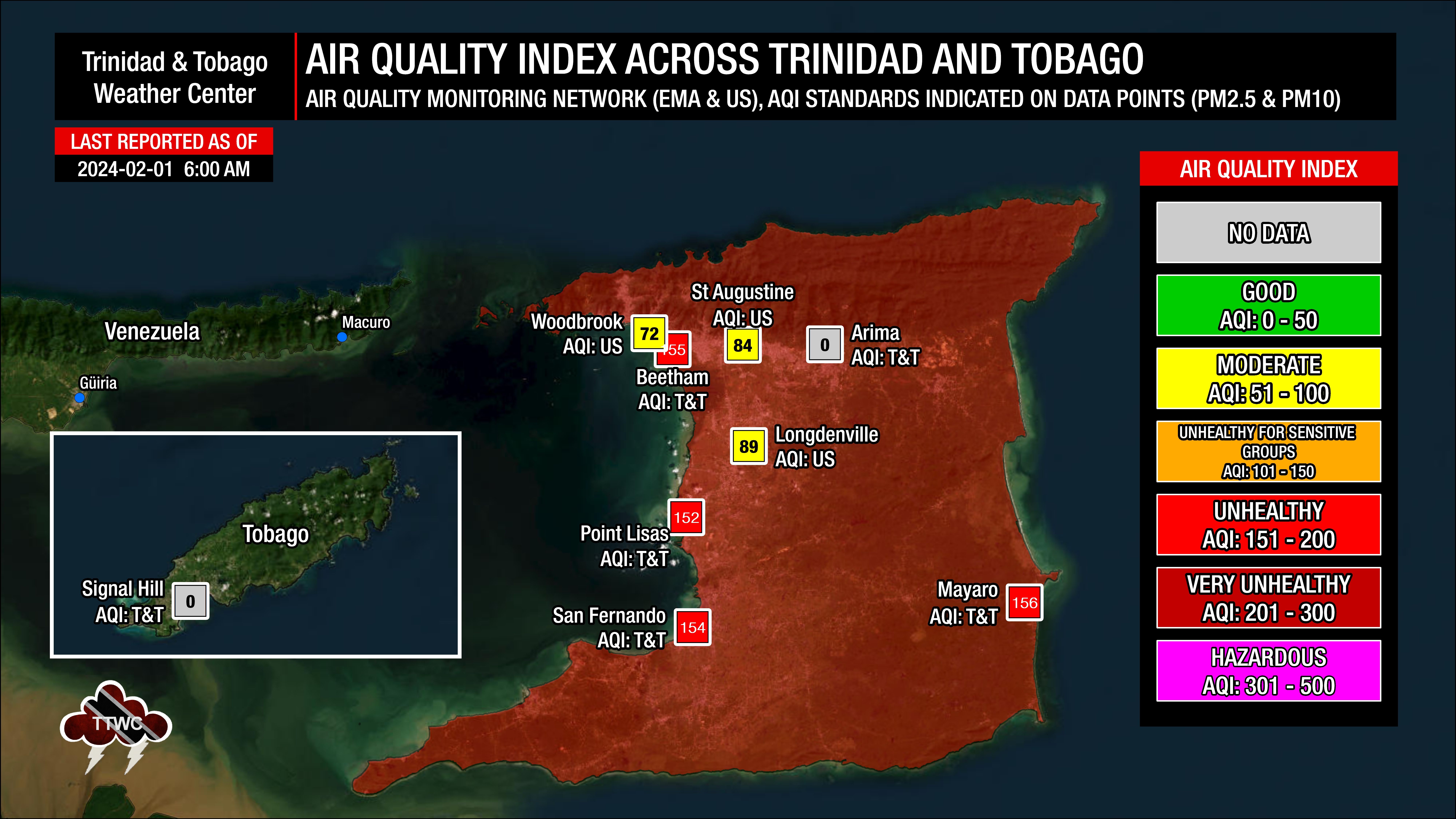 Air quality levels across Trinidad and Tobago as of 6:00 AM Thursday, February 1st, 2024.