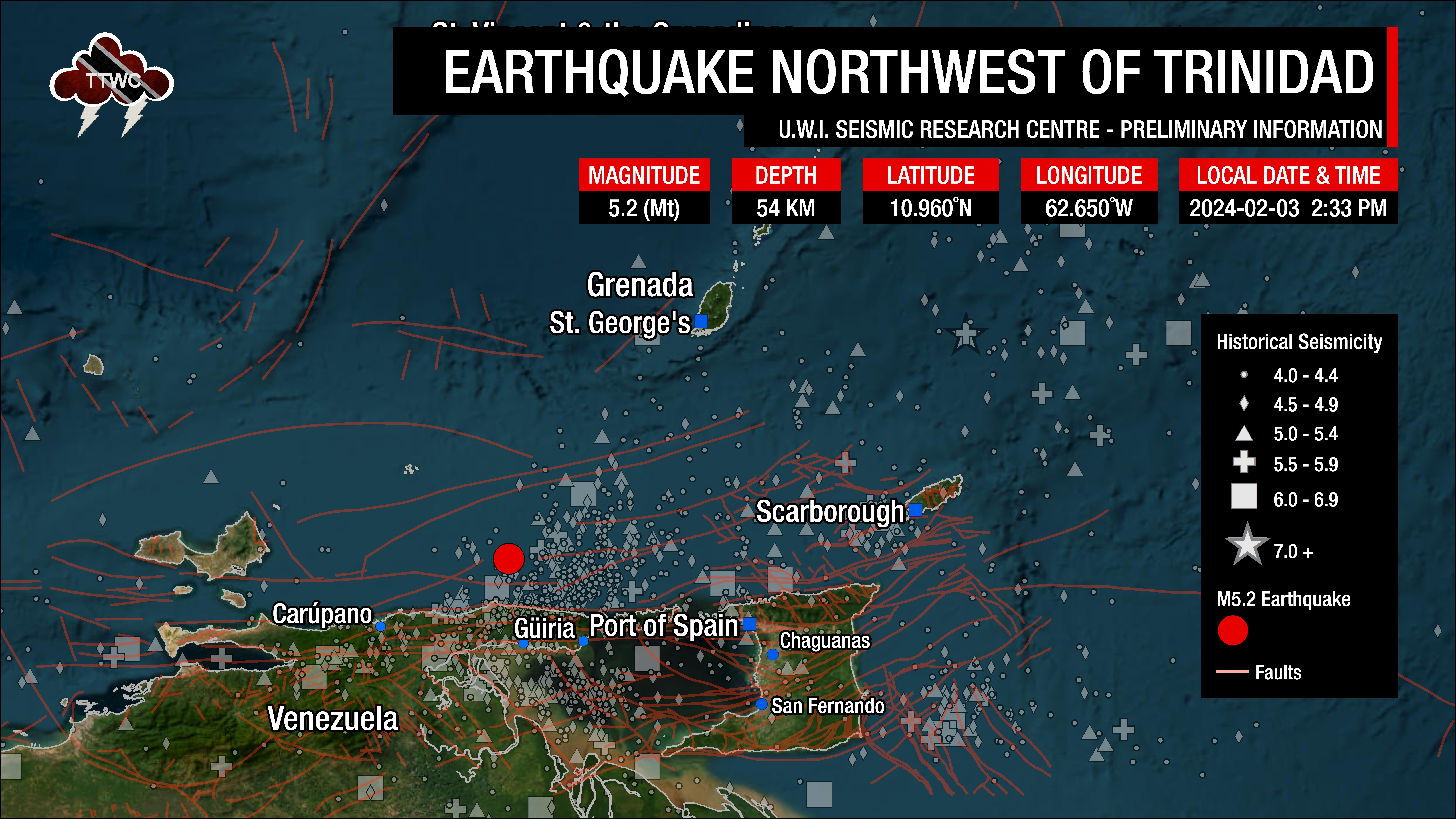 Information from the UWI SRC concerning the earthquake west-northwest of Trinidad.