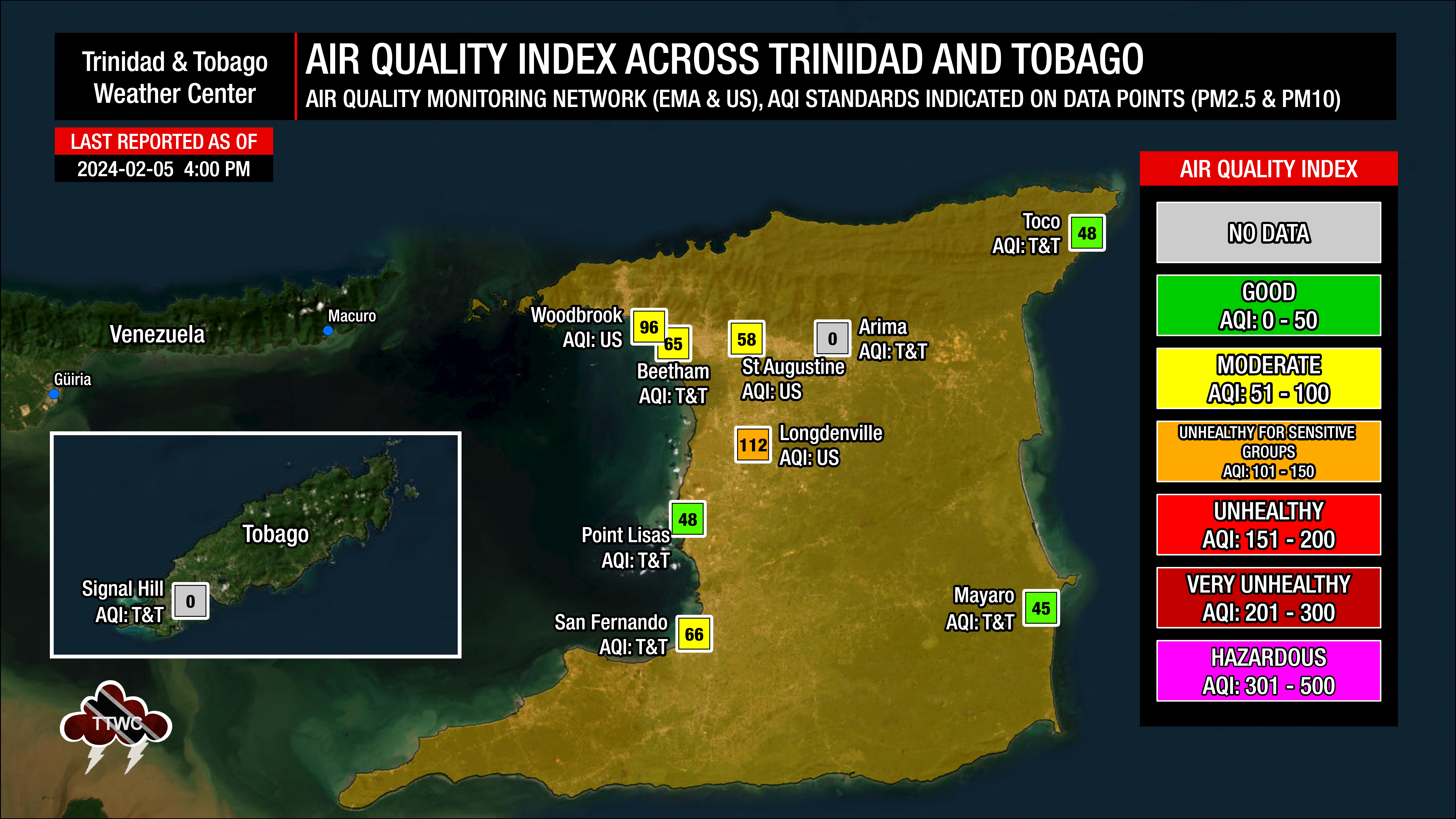 Air quality levels across Trinidad and Tobago as of 4:00 PM Monday, February 5th, 2024.