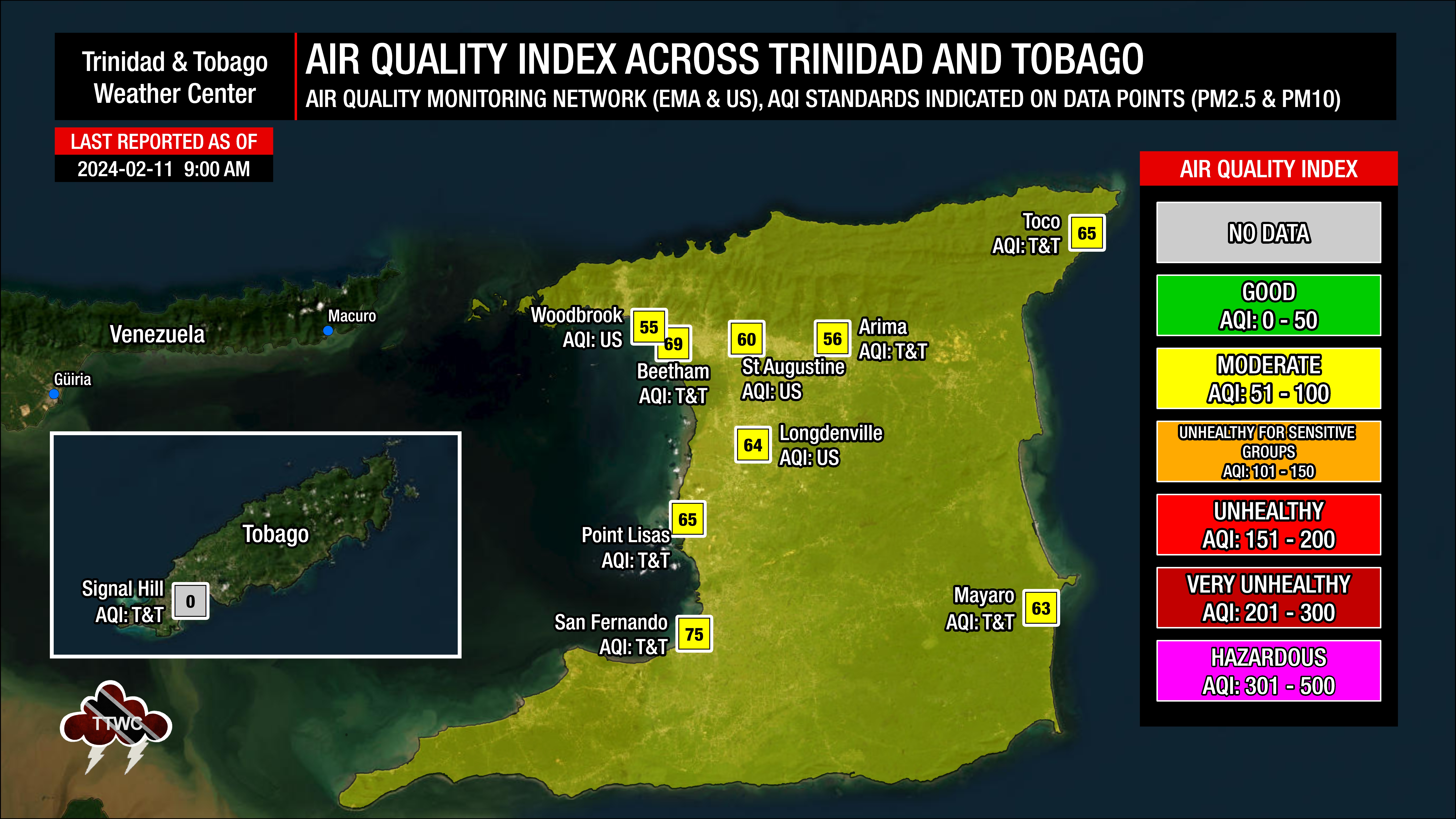 Air quality levels across Trinidad and Tobago as of 9:00 AM Sunday, February 11th, 2024.