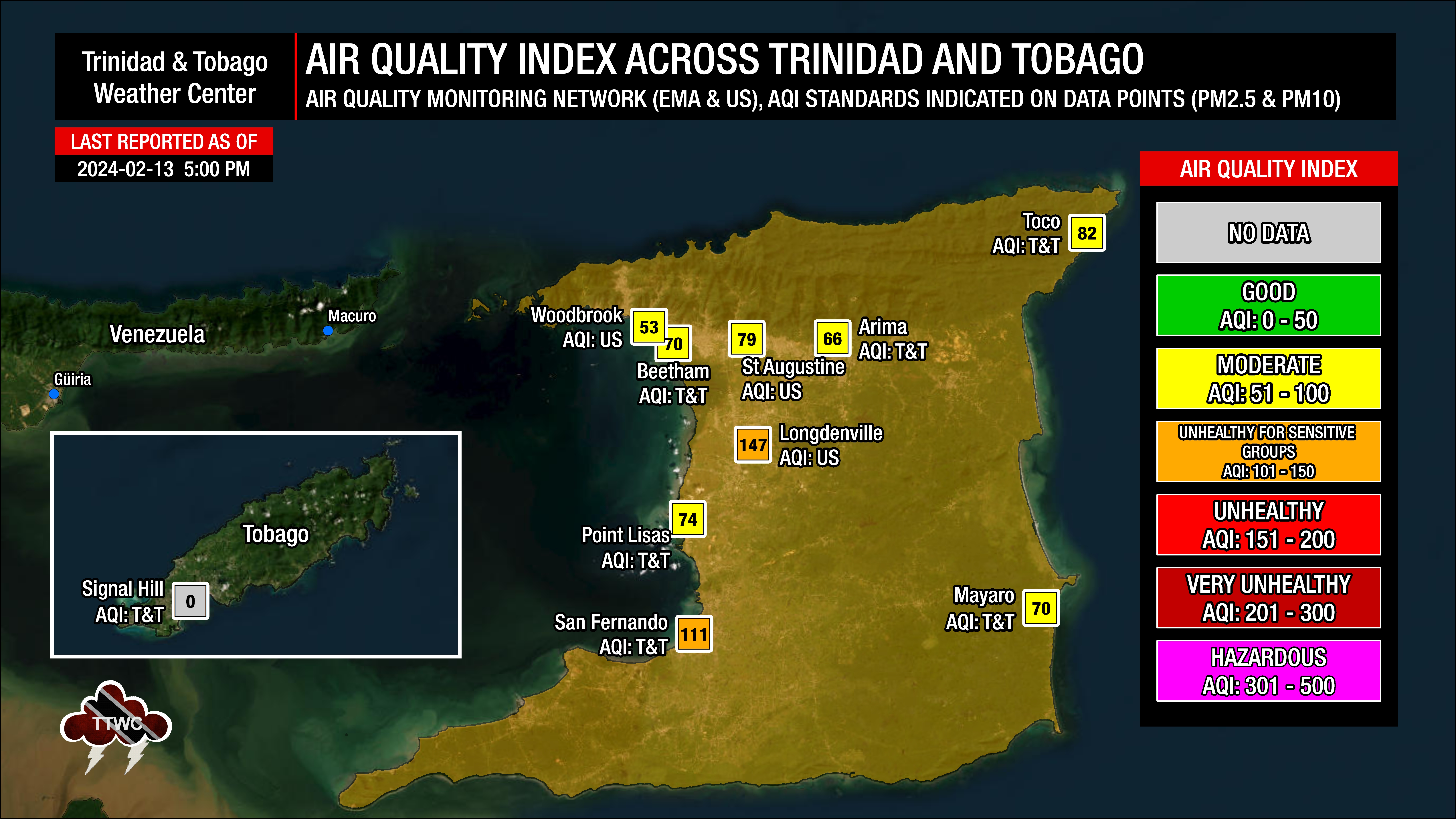 Air quality levels across Trinidad and Tobago as of 5:00 PM Tuesday, February 13th, 2024.