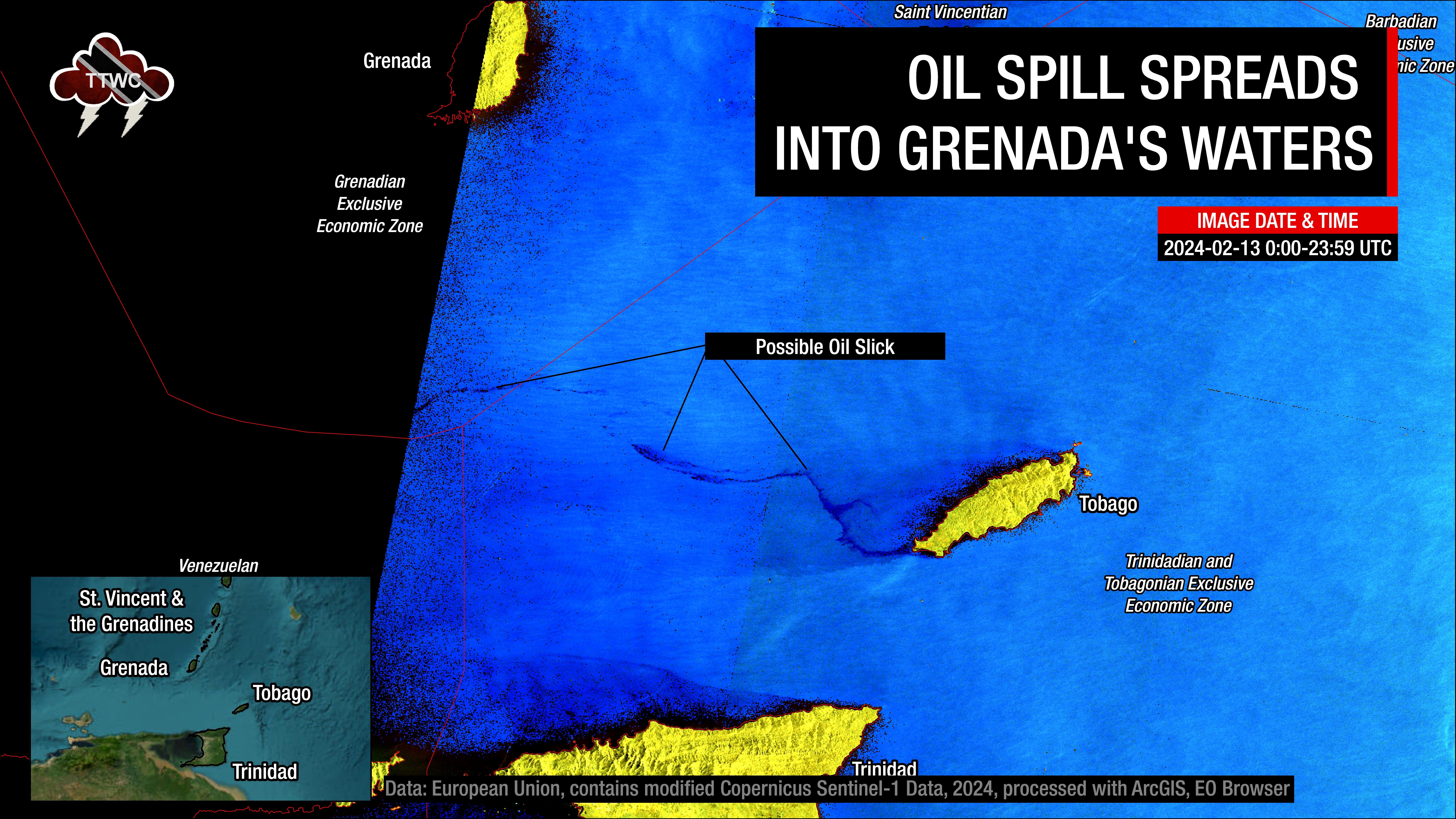 Sentinel-1 data captured on 5:37 AM February 14th, 2024 showing the possible oil slick extending west of Tobago into Grenada's marine area of responsibility.
