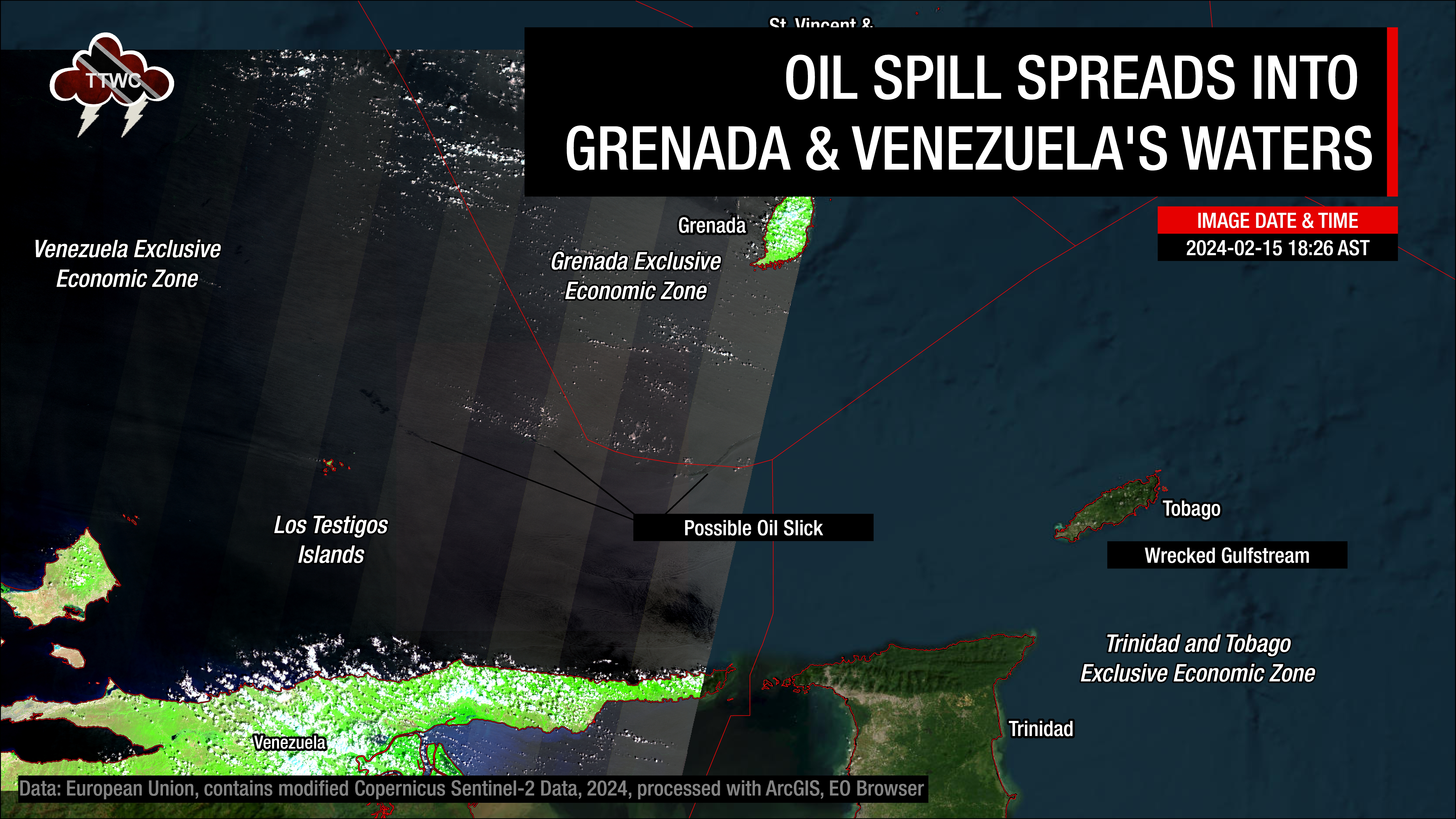 Sentinel-1 data captured on February 15th, 2024, shows the possible oil slick extending west of Tobago into Grenada and Venezuela's marine area of responsibility.
