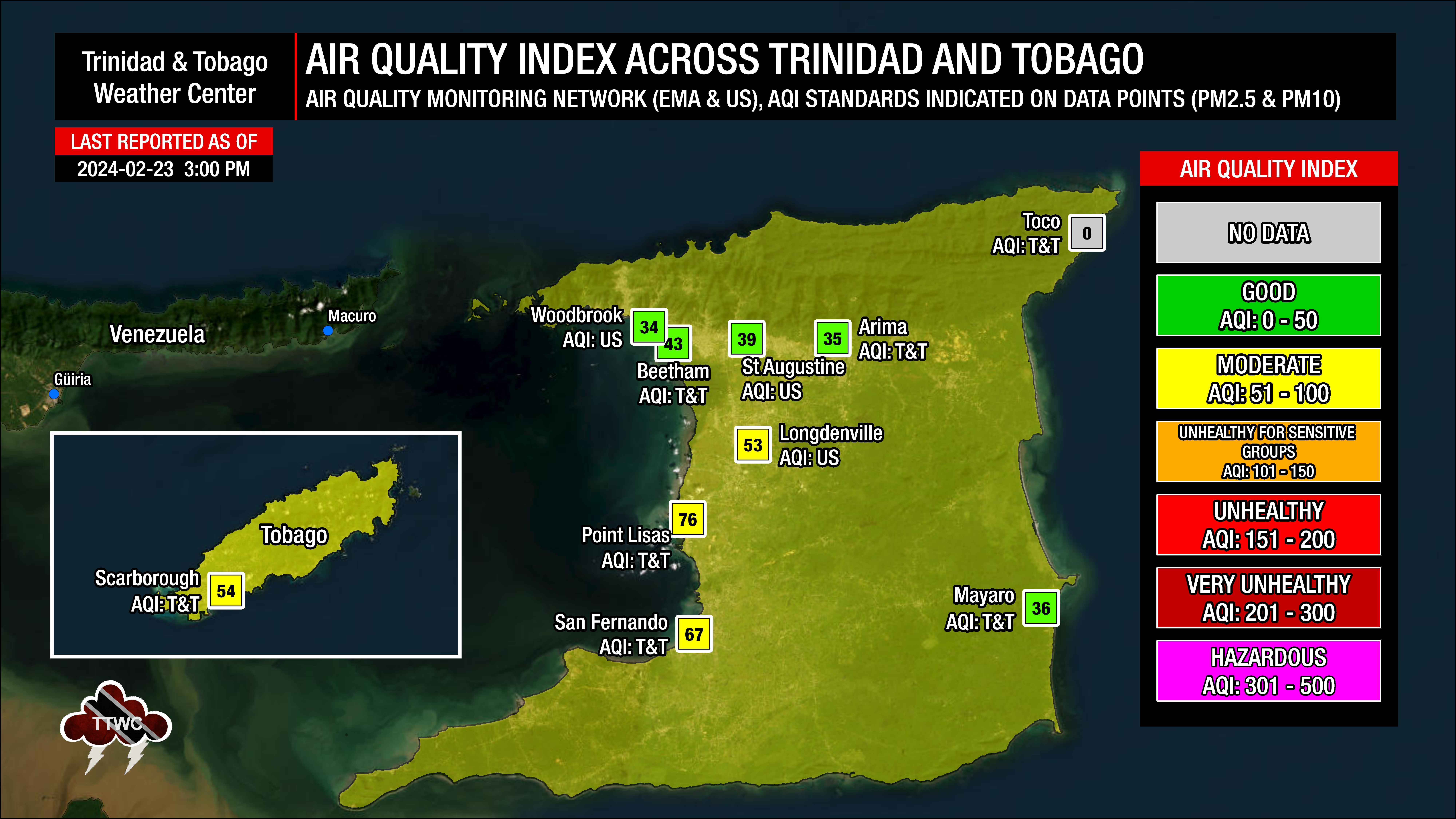 Air quality levels across Trinidad and Tobago as of 3:00 PM Friday, February 23rd, 2024.